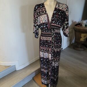 Altard State Boho Patchwork Maxi Dress Kimono Sleeve Smocked Waist Full Length L